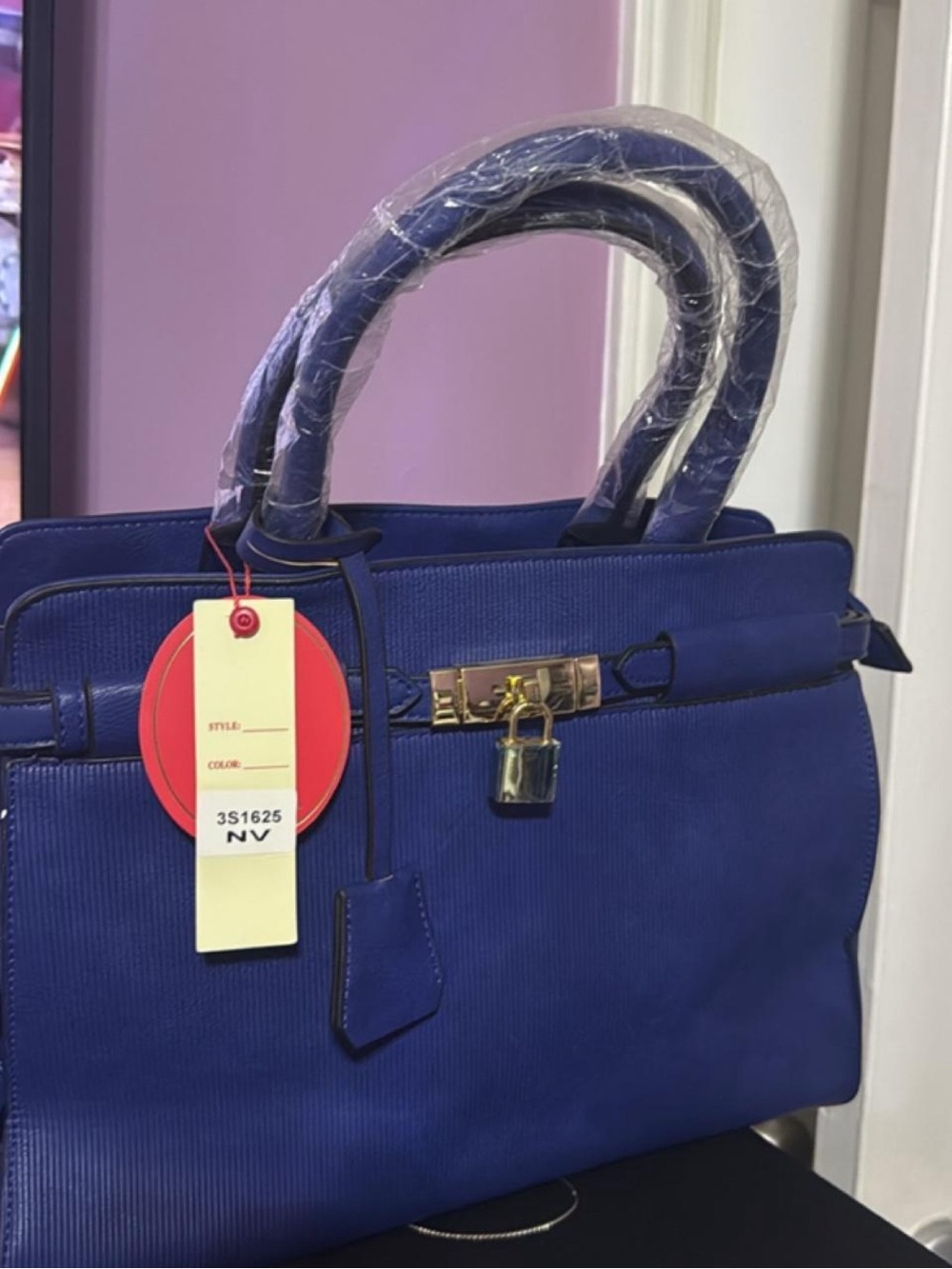 Structured Satchel Handbag in Navy with Gold Hardware